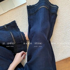 藏青镂空刺绣花边拼接仿亚麻休闲裤女夏慵懒休闲百搭显瘦阔腿裤