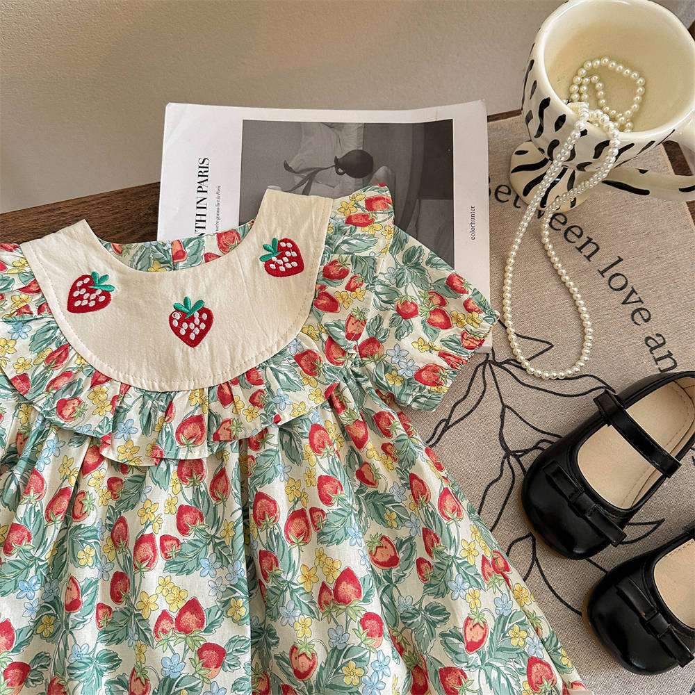 Vestido de niña con volantes bordado de siete fresas de limón salado verano nuevo estilo estampado de frutas falda de muñeca de manga corta para niños