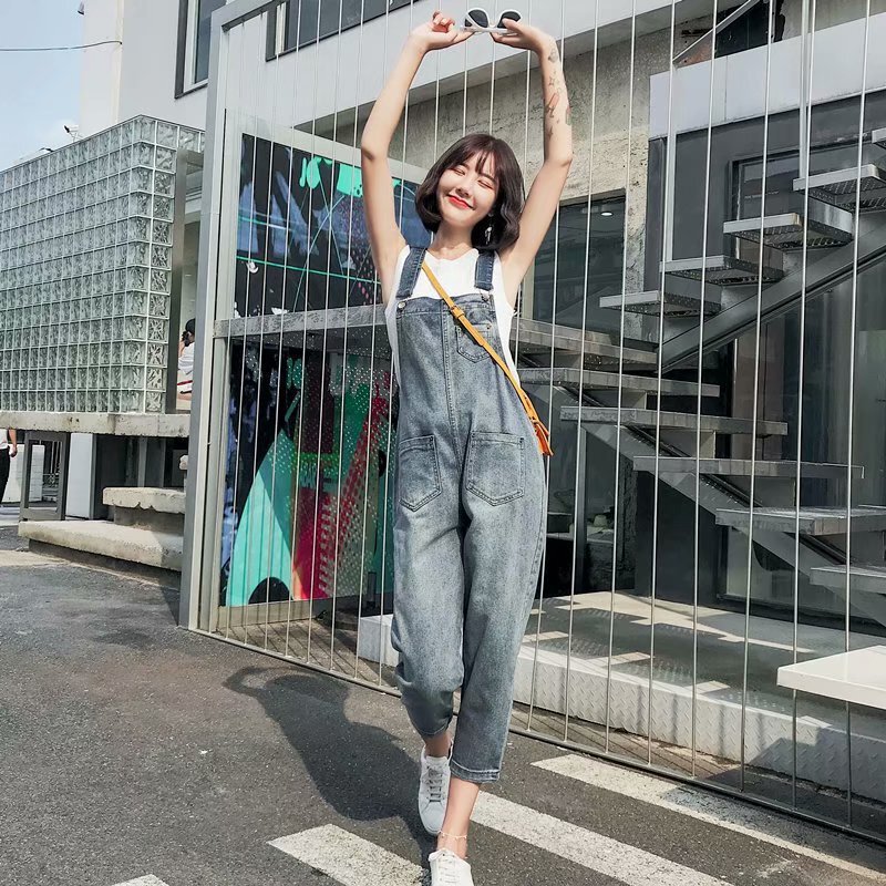 [Korean Style] 2024 New Ripped Denim Overalls Dad Pants Spring Age-Reducing Slim Cute Korean Loose Fit
