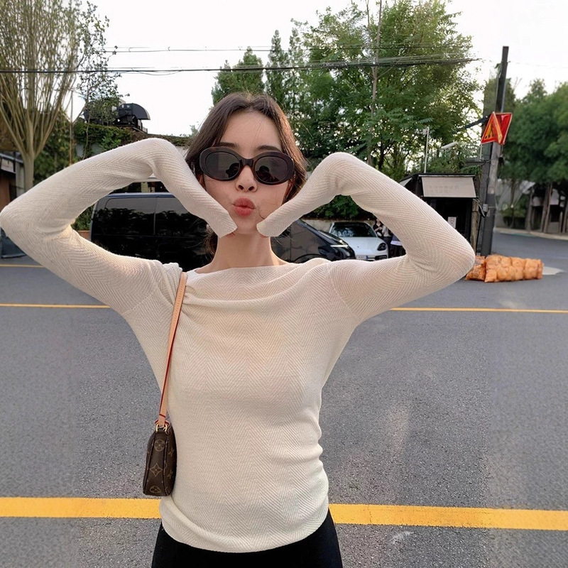 Zhendian Series All-In-One Machine/Yangzi Worsted Herringbone Wool Sweater Women's Autumn Slimming Look Top with One-Line Collar