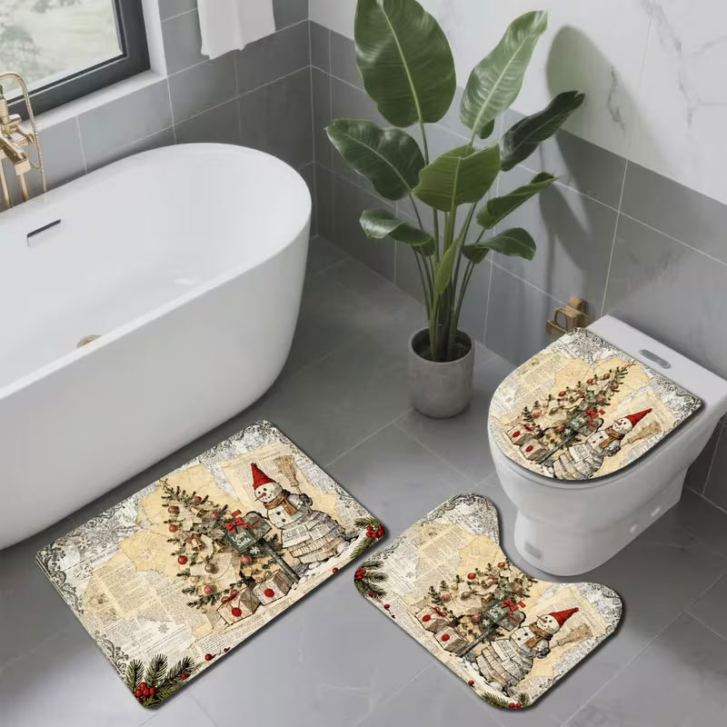Cross-border diatomite toilet seat cover and floor mat 3-piece set, water-absorbent, dirt-resistant, non-slip floor mat, Christmas holiday floor mat