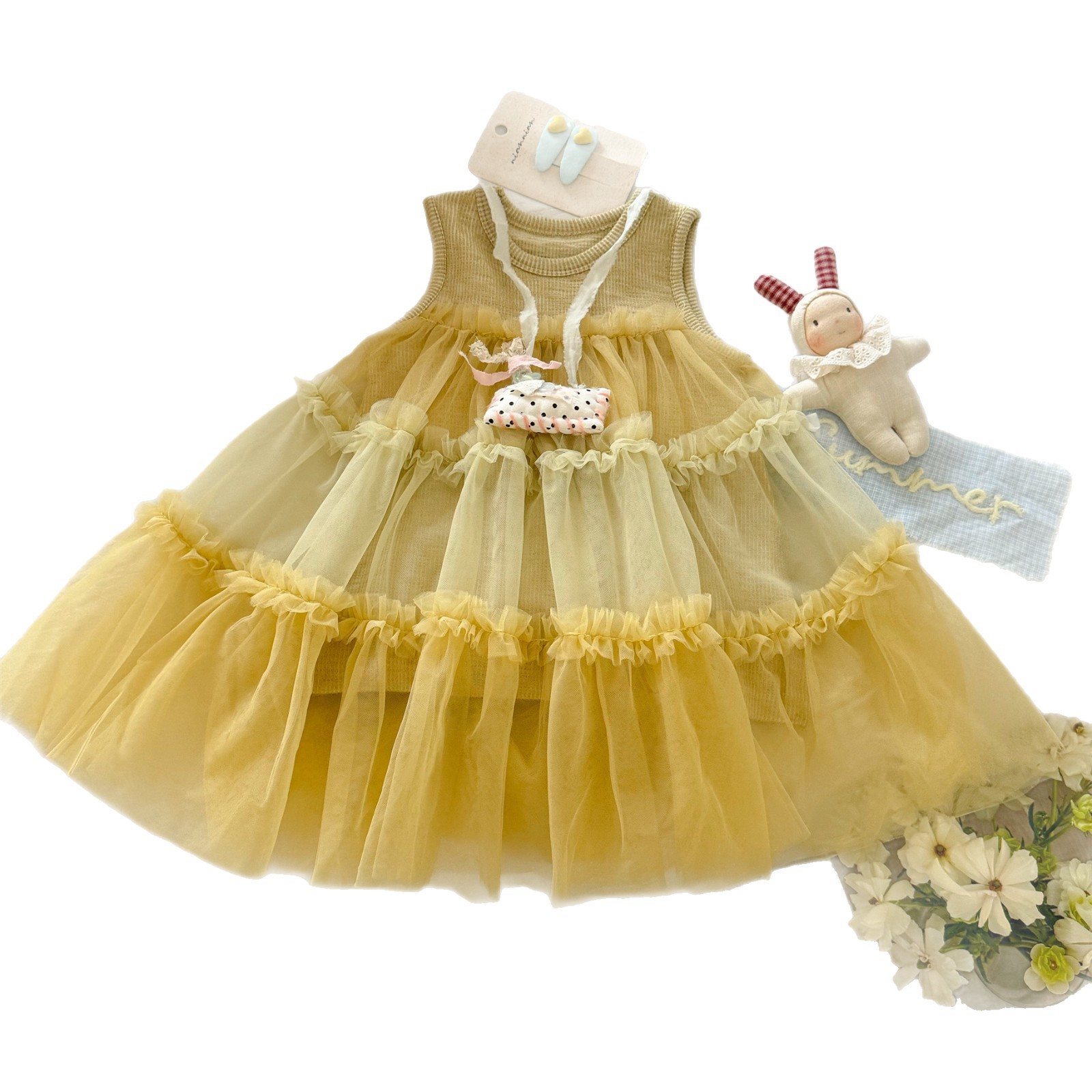 [Xianning Seven] Vestido de chaleco de costura de malla para niñas coreanas Falda larga de hadas Vestido de princesa de estilo occidental para bebés