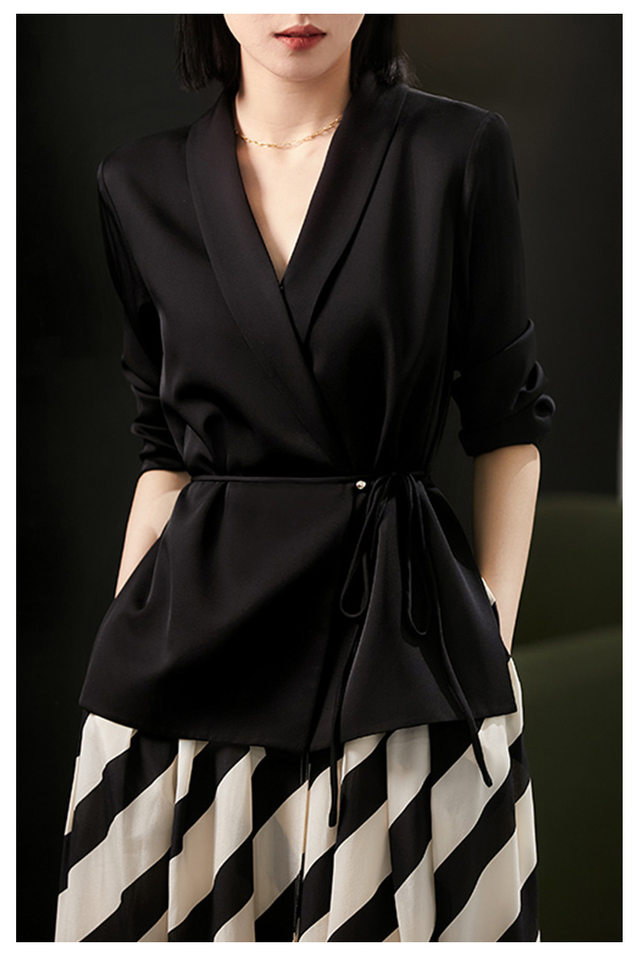 Áo blazer nữ satin thắt eo dáng ôm kiểu Pháp thanh lịch — Trắng ngọc trai, Xám nhạt, Đen đá chi tiết 12