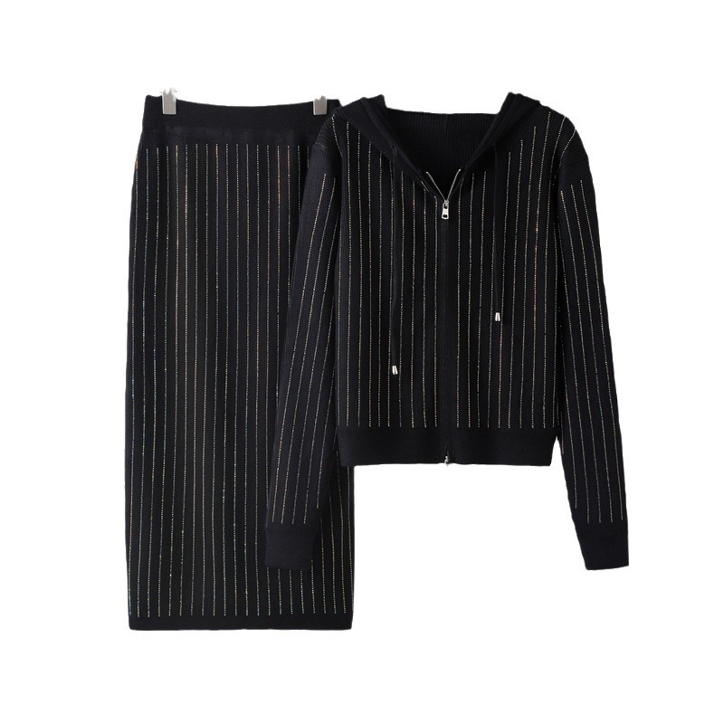 Damenbekleidung Casual Heavy Duty Ganzkörperanzug Hot Diamond Anzug Promi Neue Kapuze Herbst und Winter Strickjacke Zweiteiliger Rock Damen_voghion.com