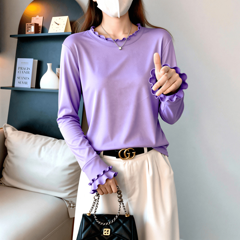 Plus-Size Ruffled Round-Neck Long-Sleeve T-Shirt for Women, 2026 Spring New Style, Slimming, Unique and Trendy Top Plus-Size Ruffled Round-Neck Long-Sleeve T-Shirt for Women, 2026 Spring New Style, Slimming, Unique and Trendy Top