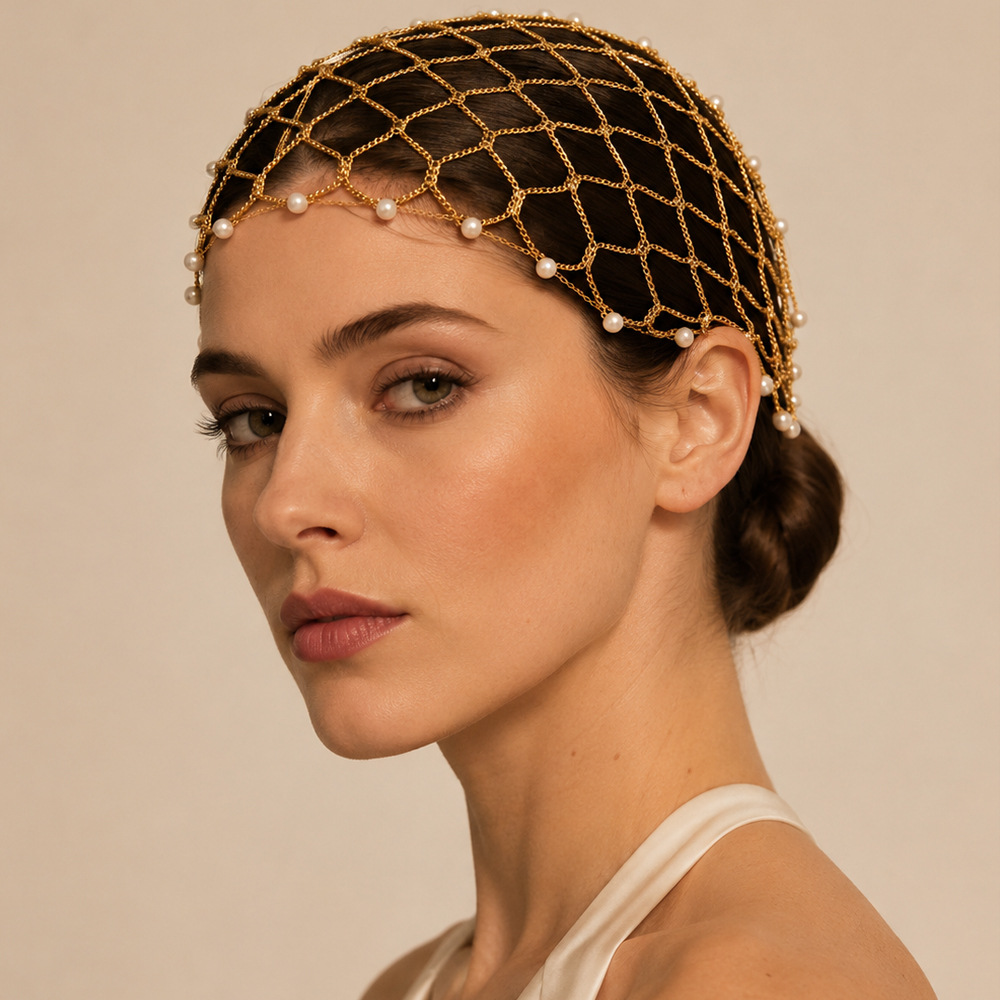 Popular in Europe and America, pearl tassel net hair chain, exquisite light luxury French-style hollowed-out headpiece, fashionable accessory for banquets and runway shows
