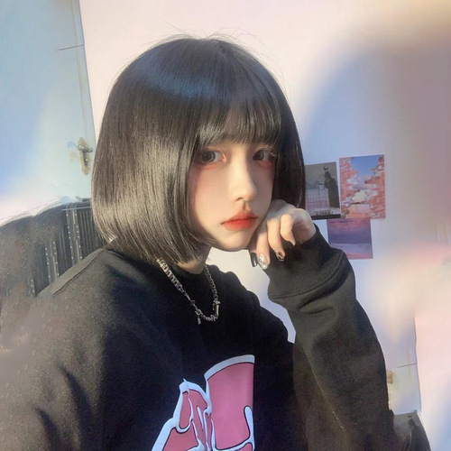 Wig female summer girl air bangs age reduction round face bob short straight hair cos two-dimensional realistic full headgear