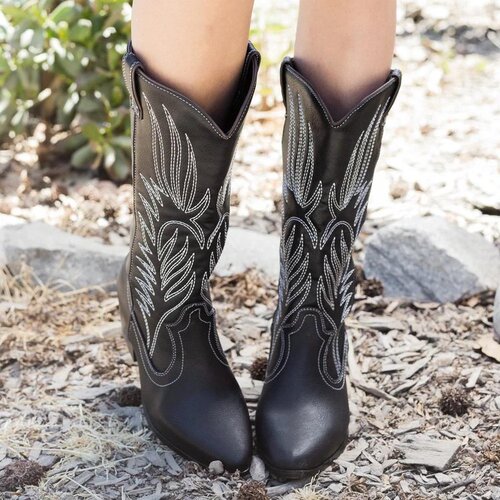 Autumn/Winter New Arrival Independent Store Foreign Trade Plus Size Women's Boots Western Cowboy Heel Ethnic Style Square Toe PU Leather Women's Boots