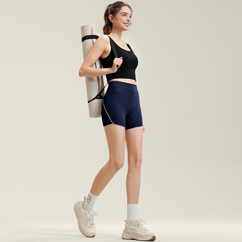 Vertical stripe yoga shorts for women, summer high-waisted, color-blocked, anti-exposure, suitable for running and Pilates
