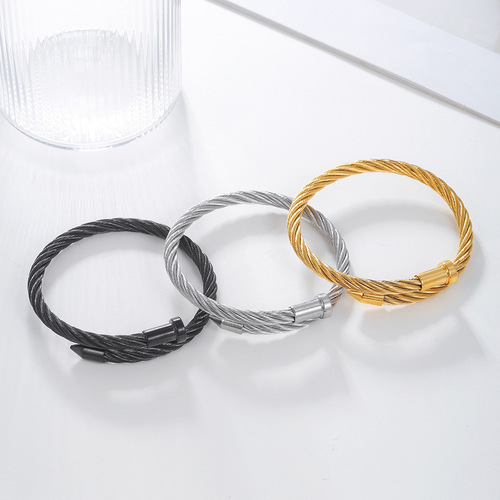 European and American hip-hop style wire rope open bracelet cross-border hot selling nail head titanium steel adjustable bracelet bracelet for men