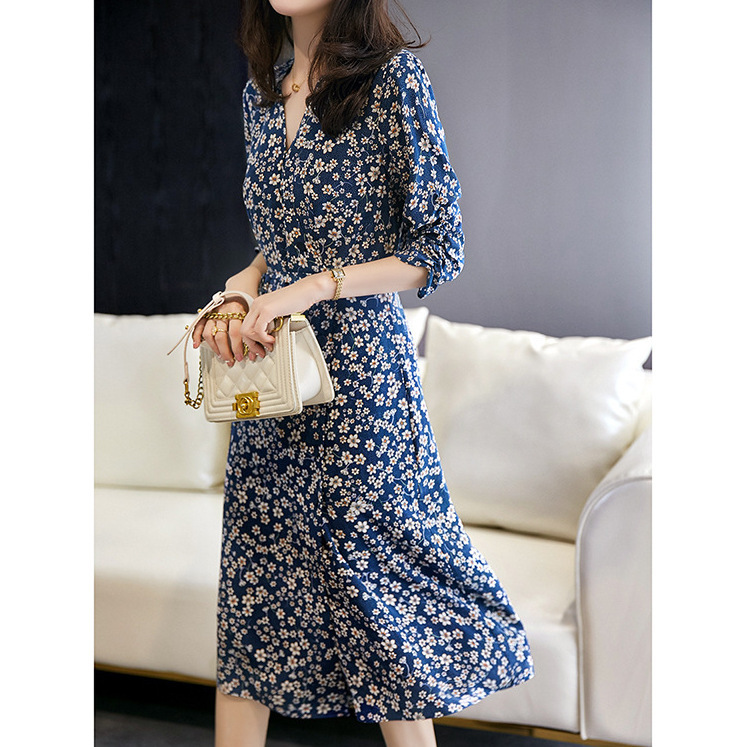 Blue Floral Mulberry Silk Silk Dress High Elegant Skirt Mid-length Summer Hangzhou High-end Women's Clothing