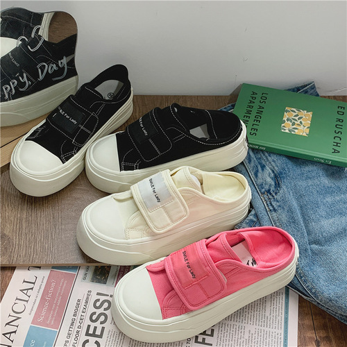  Summer Velcro White Shoes You Korean Style Hong Kong Style Casual Sleeve Lazy Student Flat Breathable Canvas Shoes