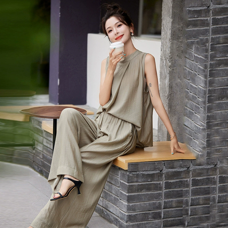 Высококачественный модный костюм с широкими брюками, летний свободный топ без рукавов в корейском стиле, брюки с высокой талией, легкий и зрелый комплект из двух предметов в солевом стиле для женщин