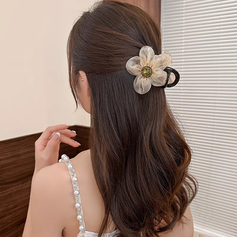 絶妙なひまわりメッシュラインストーンフラワーグリッパー、エレガントなサメクリップ、ハイエンドのハーフタイヘアクリップ、ボールヘアクリップ|undefined