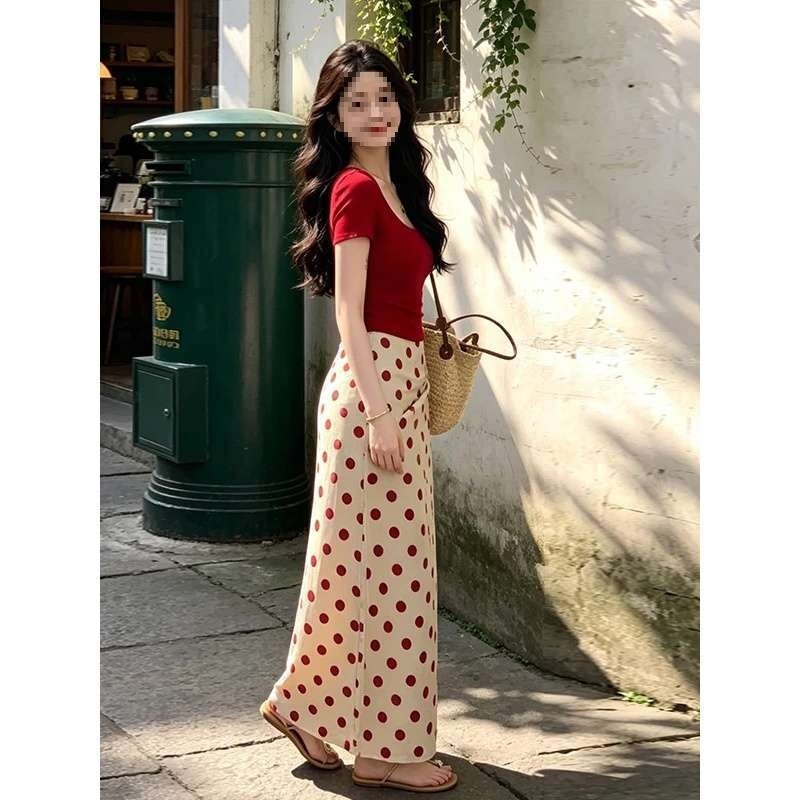 2026 New Summer Women's Clothing Retro Hong Kong Style Short-Sleeved Top Paired with Polka Dot Casual Skirt Two-Piece Set 2026 New Summer Women's Clothing Retro Hong Kong Style Short-Sleeved Top Paired with Polka Dot Casual Skirt Two-Piece Set