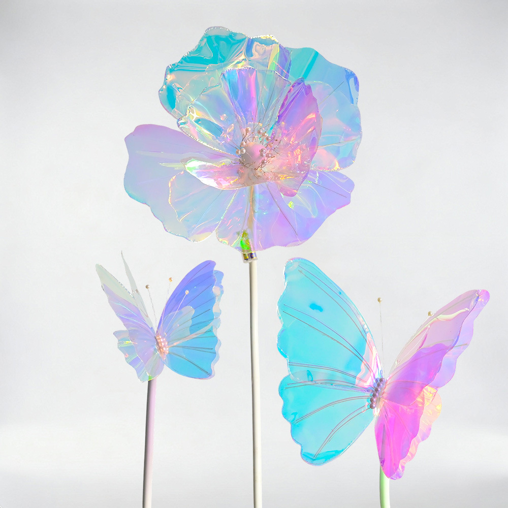 Flores láser flash, tarjetas de perforación de fotos, mariposa, decoración floral, accesorios de decoración de apertura del centro comercial