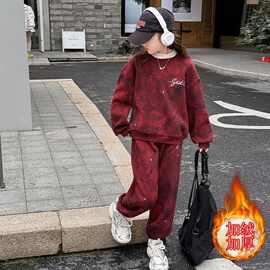 女童新年套装2025新款喜庆儿童装红色加绒扎染卫衣卫衣加厚两件套
