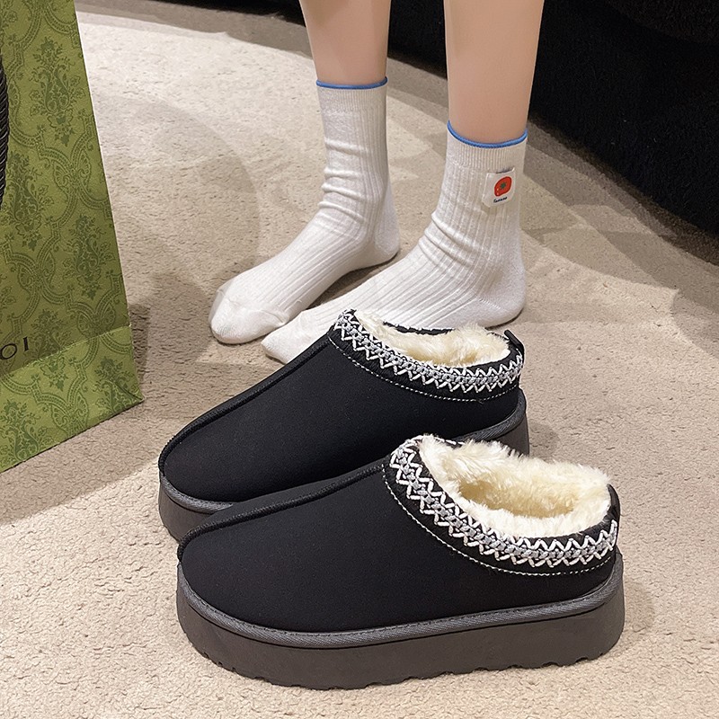 Women's Shoes Snow Boots Winter Cashmere Warm Thick Bottom Heelless Baotuo Hair Half Slipper Cotton Shoes_voghion.com