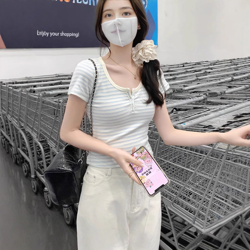 Design-embellished color-blocking striped U-neck straight-shoulder short-sleeve women's summer new Korean-style slimming invisible short top