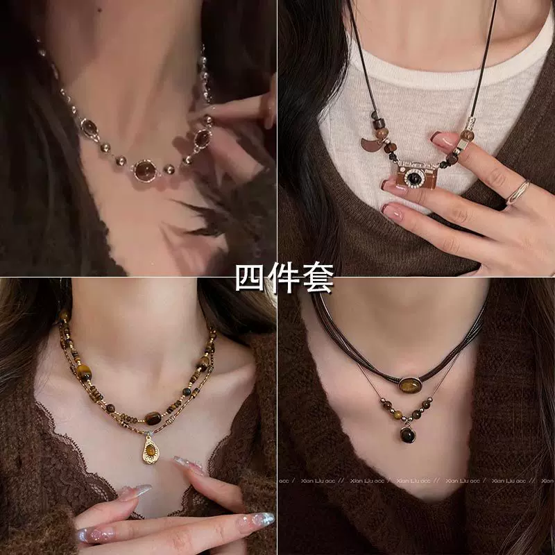 虎眼石项链女2025新款爆款复古叠戴锁骨链秋冬毛衣链小众中古配饰