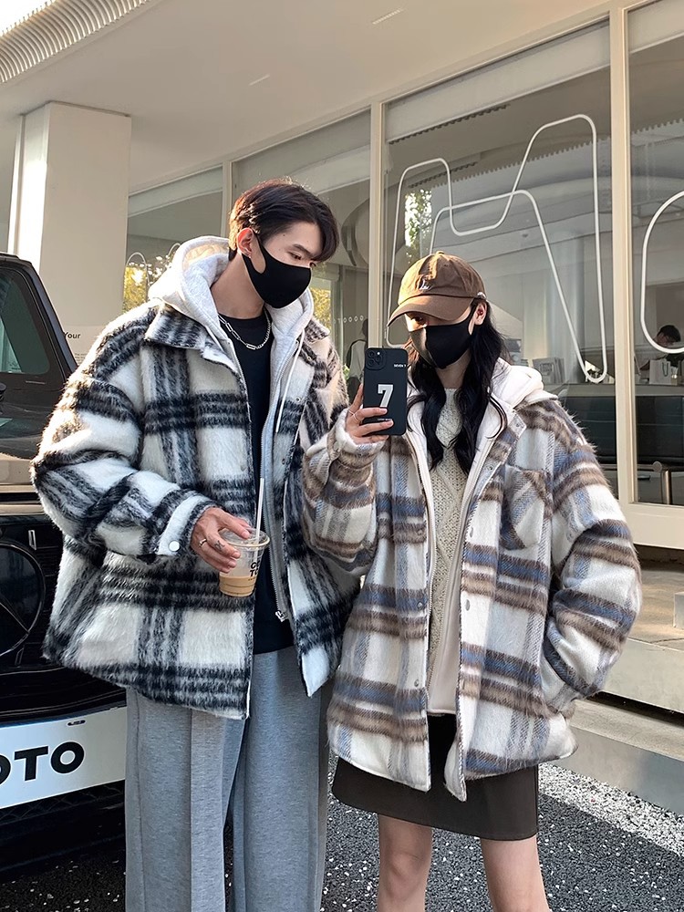 Otoño e invierno nuevo estilo americano falso abrigo a cuadros de dos piezas estilo masculino estilo nacional de moda engrosamiento cálido abrigo de lana retro con capucha