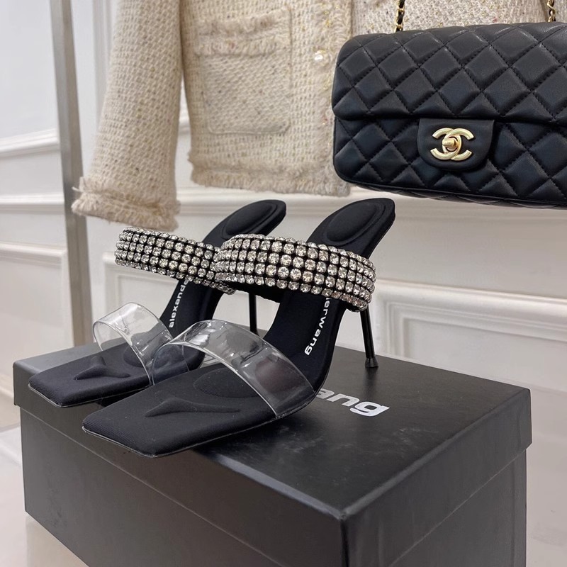 Internet Celebrous AW Slippers 2025 New Black Sandals with Rhinestones Thin Heel Sexy Transparent High Heels for Women