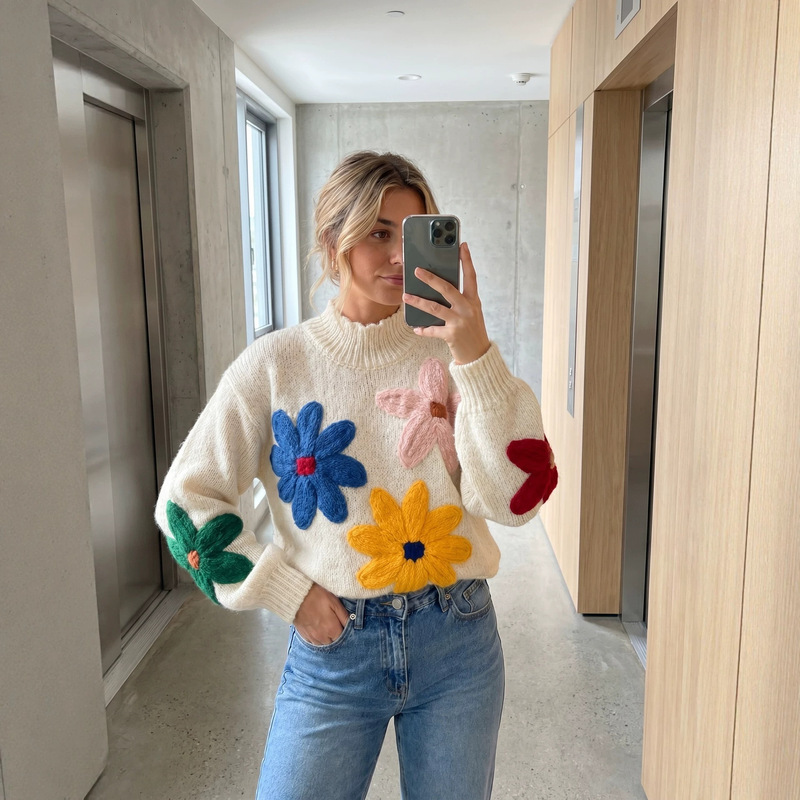 Cross-border Amazon chunky knit textured floral decorative sweater with half-high collar, loose-fitting knitted pullover