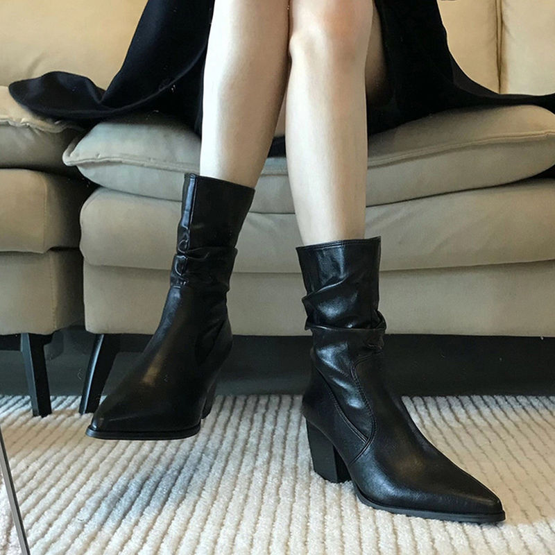 French Pointed Toe High Heels, Thick Heels, Slim Boots, New Autumn and Winter Small Ankle Boots, Chelsea Martin Boots, Short Boots