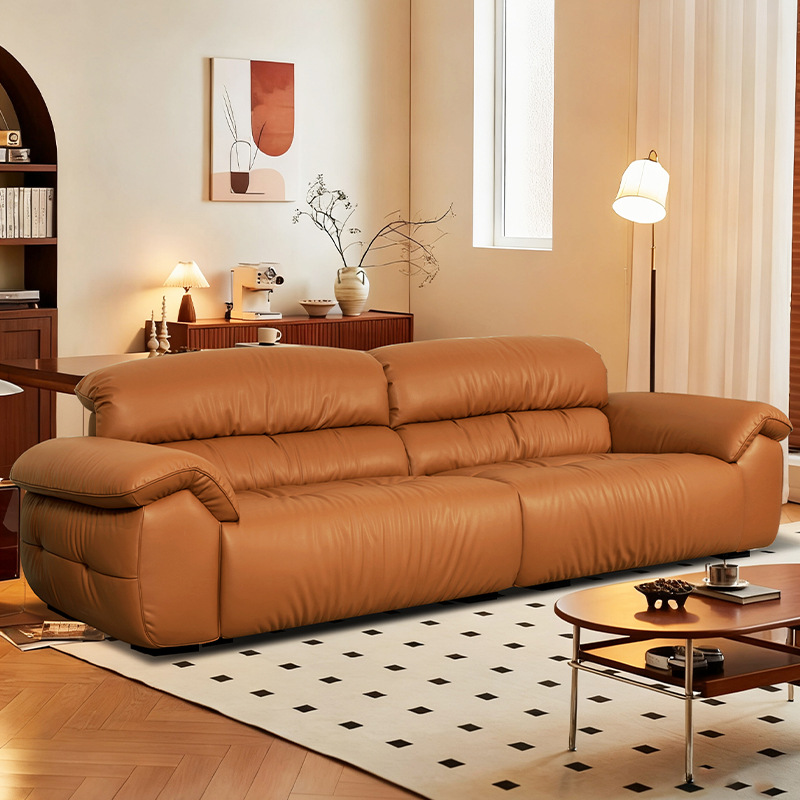 Italian Minimalist High-Back Elephant Ear Leather Sofa Living Room Mid-Century Style First-Layer Cowhide Straight-Row Small Apartment Sofa
