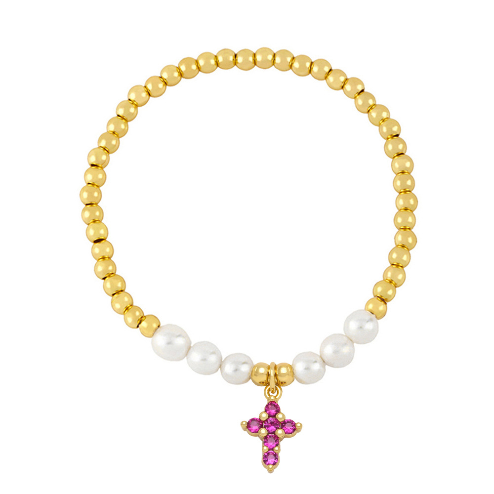 Fashion Cross Copper Bracelets Beaded Gold Plated Pearl Zircon Copper Bracelets