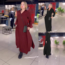 欧美跨境外贸简约优雅纯色连衣裙秋冬POLO领深V长袖连衣长裙女装