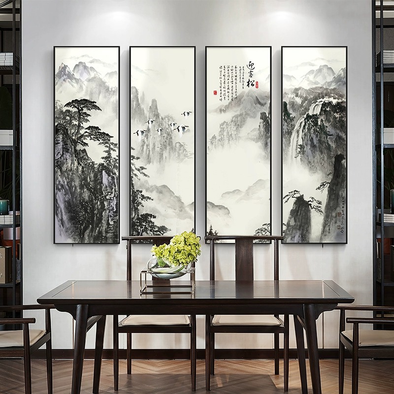 新中式沙发背景墙装饰画客厅山水风景挂画茶室办公室中堂组合壁画