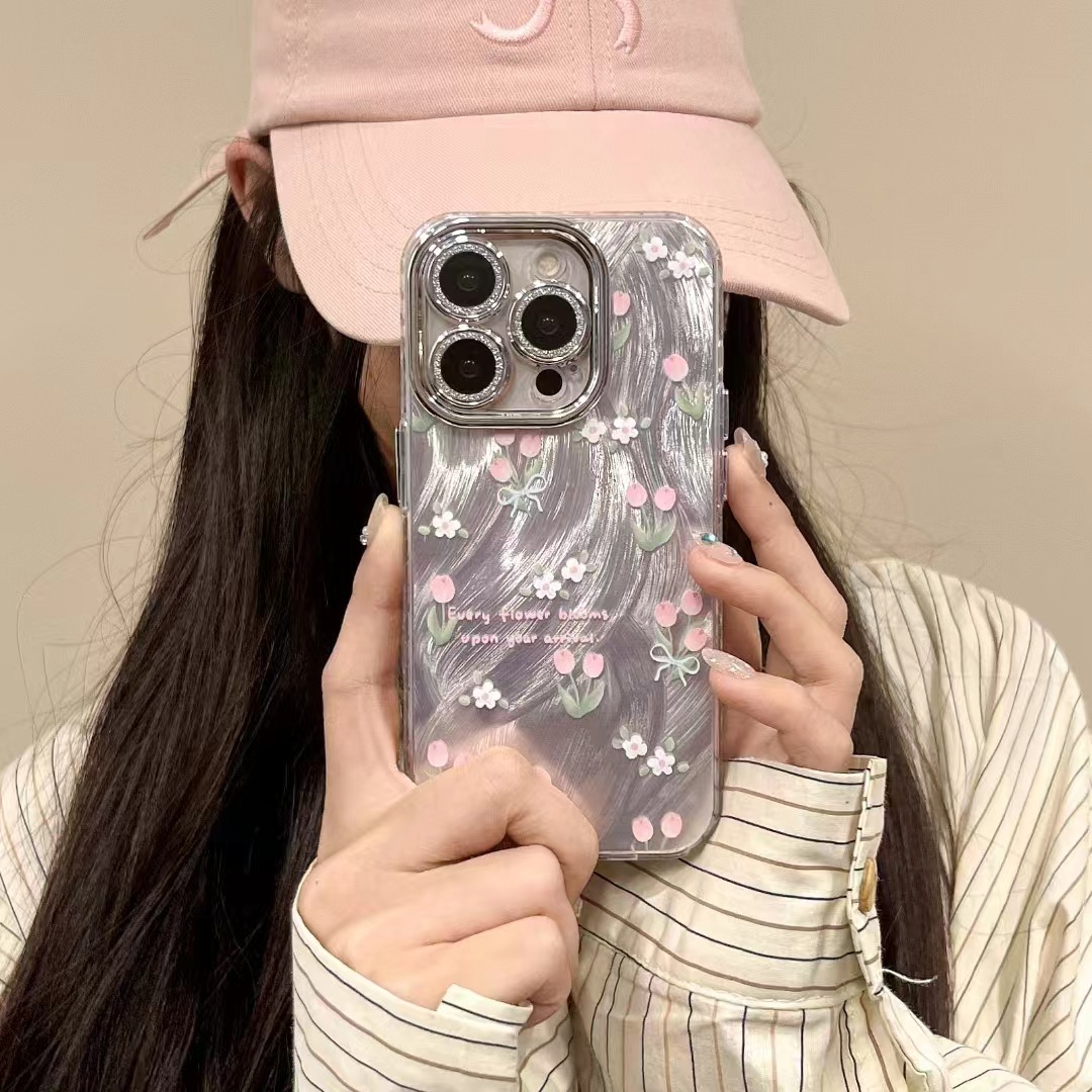 INS hilo de plumas tulipán rosa para iPhone16pro max Apple 15 funda para teléfono móvil 13 cadena de diamantes de imitación 12 mujer