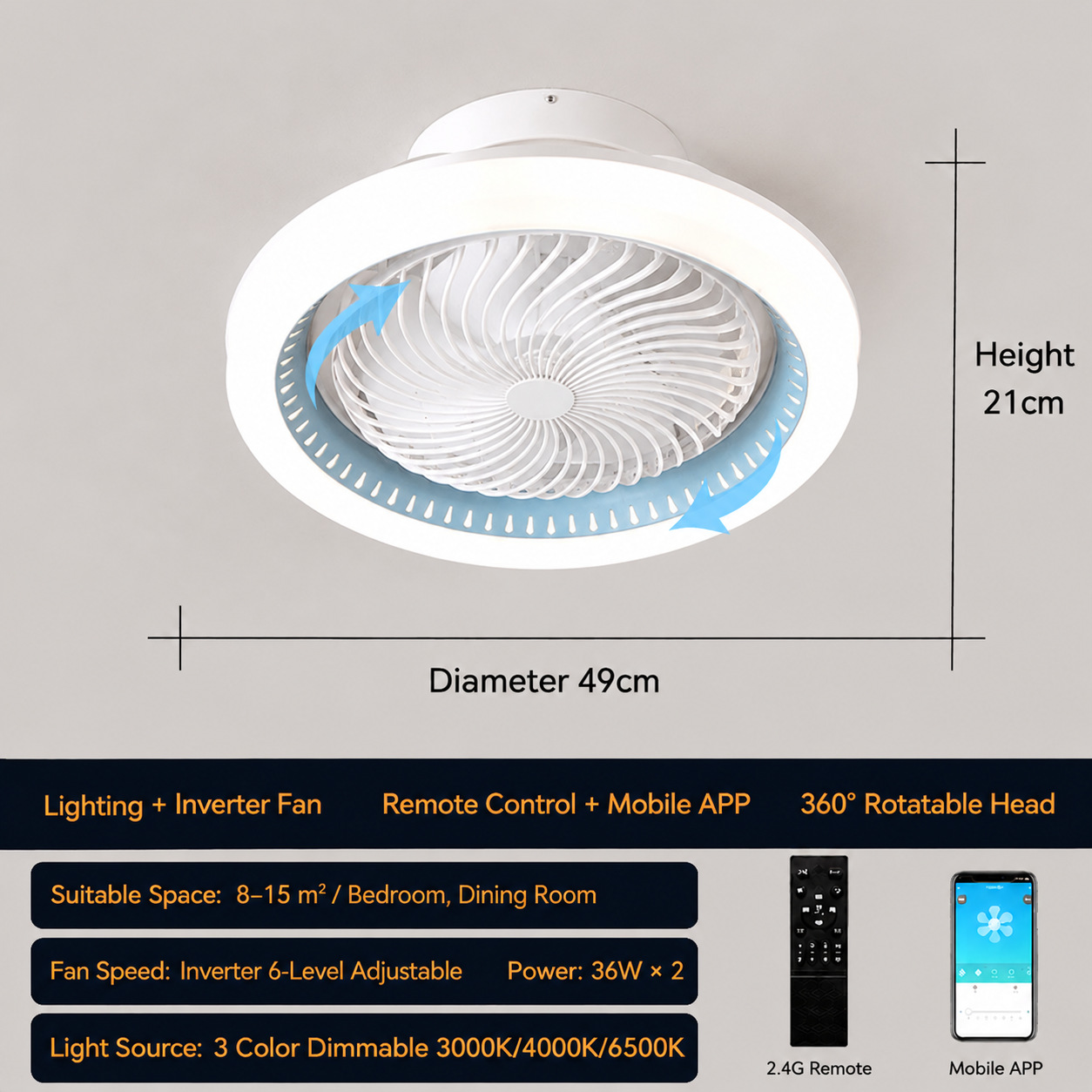 Lámpara Ventilador de Techo 110V de PC y ABS Inteligente con Control Remoto y APP para Dormitorio y Comedor