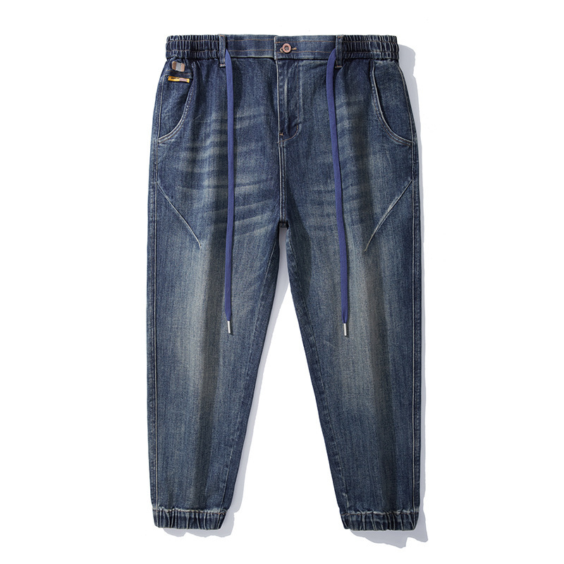 2024 Trendy Brand plus size Autumn Elastic Waist Men's plus size Loose Retro Washed Leg Jeans 686