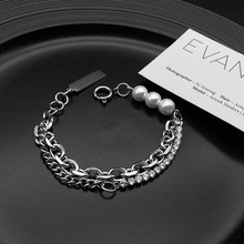 珍珠鋯石雙鏈拼接手鏈女高級感精致個性小眾設計輕奢飾品情侶手環