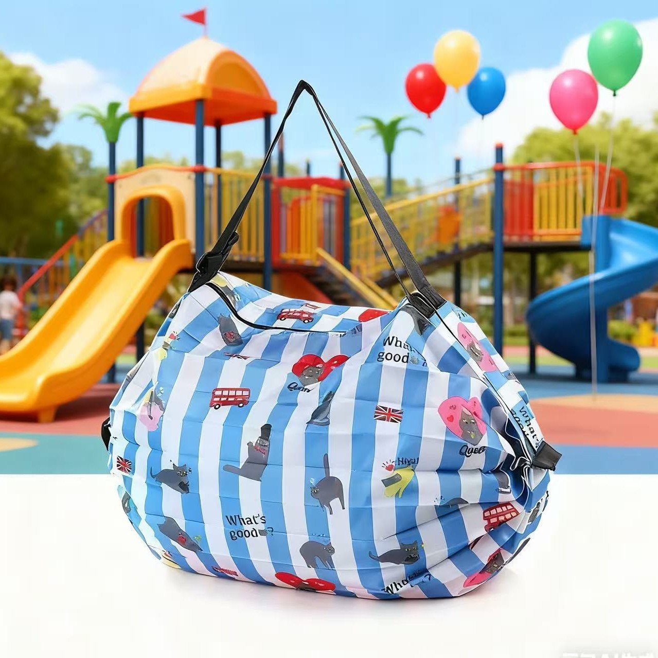 파란색과 흰색 줄무늬 고양이 접이식 아코디언 가방 50*35CM