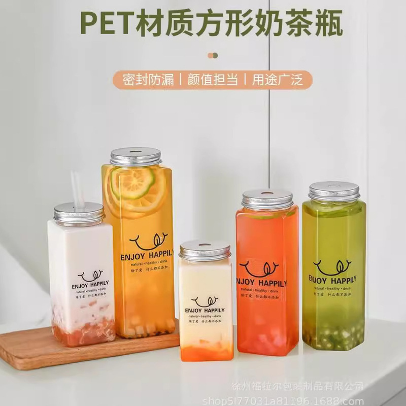 Disposable Square Fruit Juice Beverage Cup with Lid Internet Celebrity Milk Tea Bottle Transparent PET Beverage Bottle with Cupper Disposable Square Fruit Juice Beverage Cup with Lid Internet Celebrity Milk Tea Bottle Transparent PET Beverage Bottle with Cupper