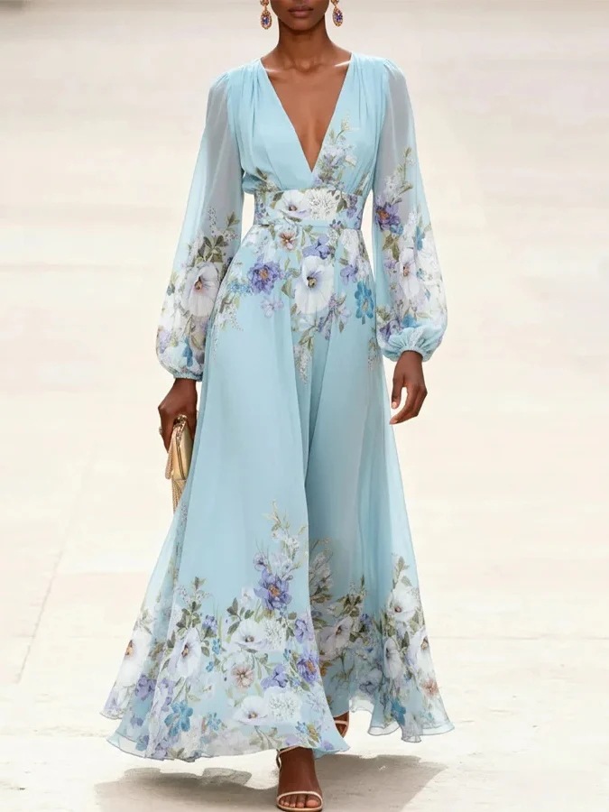 2026 European and American Women's Fashion Independent Site Amazon See-Through Long-Sleeve V-Neck Digital Print Long Floral Dress