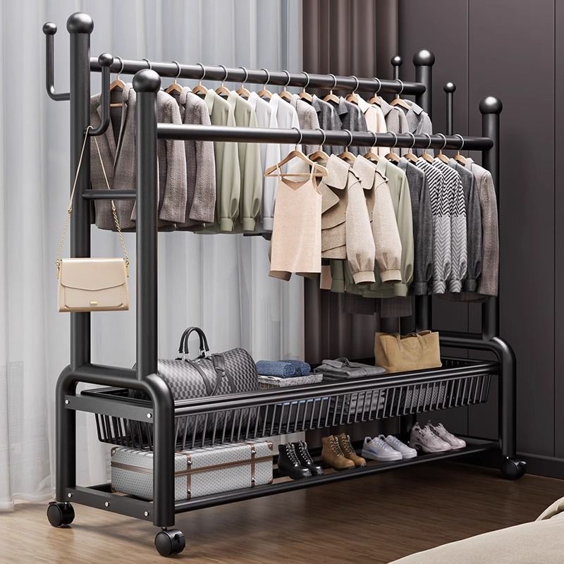 Clothes Rack Indoor Household Clothes Rack Floor-Standing Bedroom Thickened Clothes Drying Rack Floor-Standing Simple Double-Pole Coat Rack