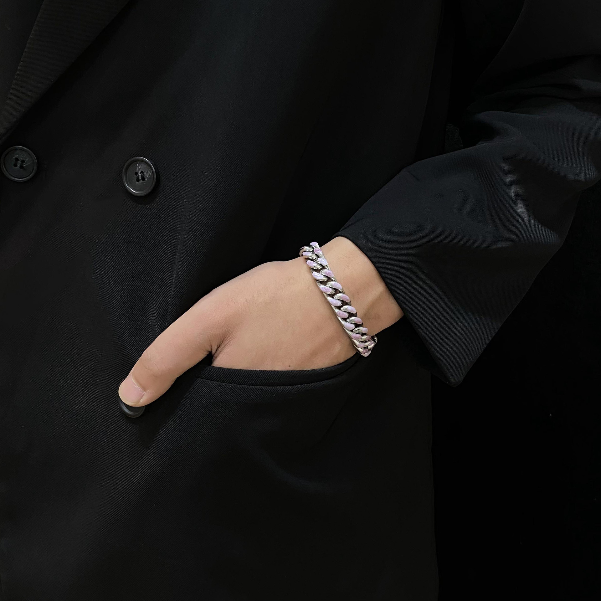 Titanium Steel Cuban Chain Bracelet Double Sided Pink Blue Pair_voghion.com