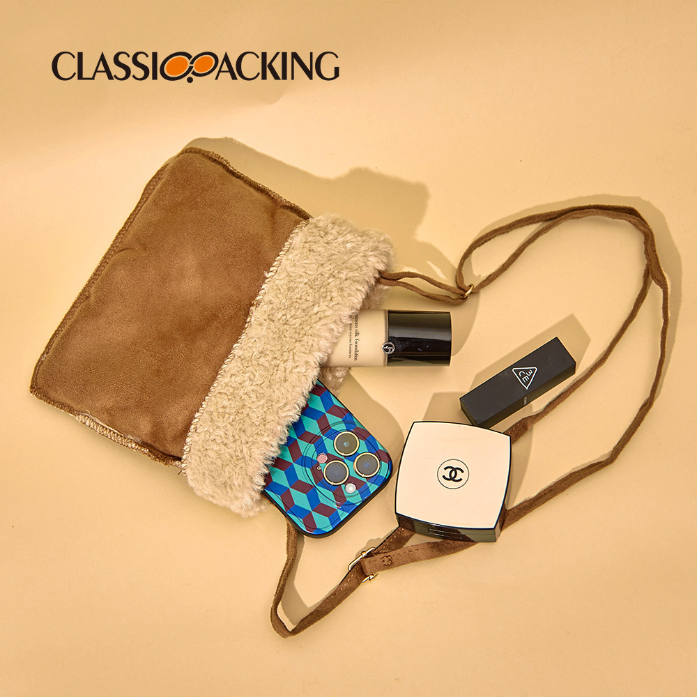 2025 versión coreana de la bolsa de teléfono móvil de color sólido simple empalme material de lana de cordero bolso de mensajero de un solo hombro bolso de lana de otoño e invierno