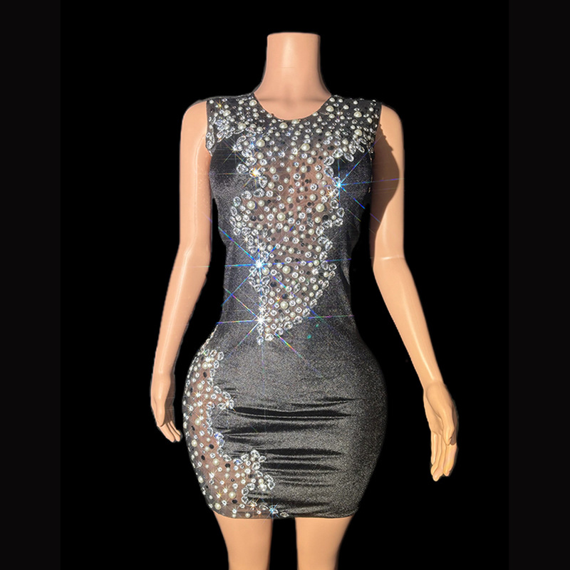 AliExpress hot sale sexy ultra-short hip skirt rhinestone super shiny temperament sleeveless dress factory direct sale one-piece delivery