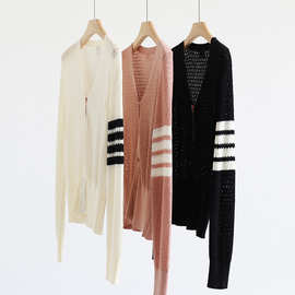 早秋款V领提花镂空勾花学院风长袖收腰针织开衫洋气薄款针织外套