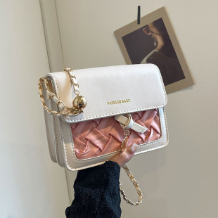 Small Fresh Style Woven Chain Small Square Bag Women's 2024 Simple Fashion Korean Style Stitching Shoulder Crossbody Small Square Bag Trendy