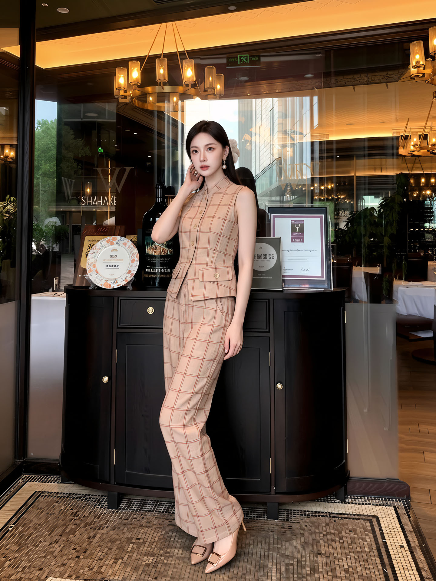 Bộ áo gile + quần dài nữ họa tiết kẻ caro thiết kế cổ điển, cài khuy vải, phối quần ống rộng — bộ đồ, Trang chủ, Quần dài