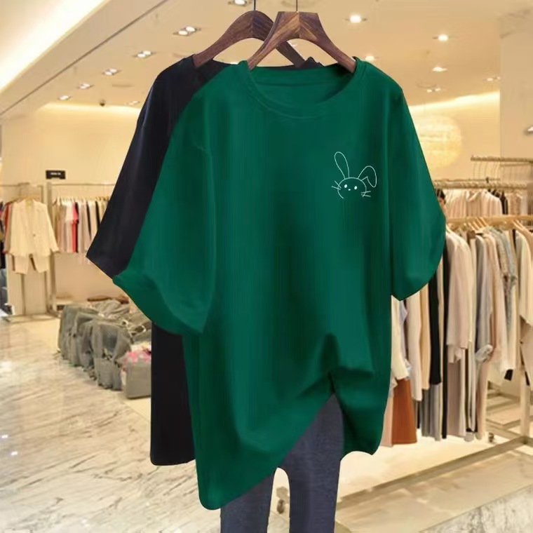 Tシャツの女性の夏の半袖の2024年の新型の愛の純綿の中で長いタイプのゆったりしているヨーロッパの商品のtシャツの服の婦人服の上で