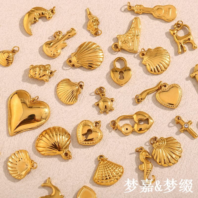 European and American Cross-border DIY Jewelry Accessories Stainless Steel Plated 18K Gold Canvas Shoes Tower Bear Wolf Teeth Guitar Pendant Women
