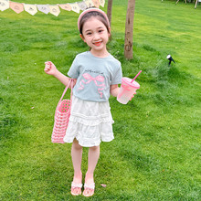 女童夏装套装2024儿童时尚蛋糕裙蝴蝶结可爱女孩短袖T恤两件套潮