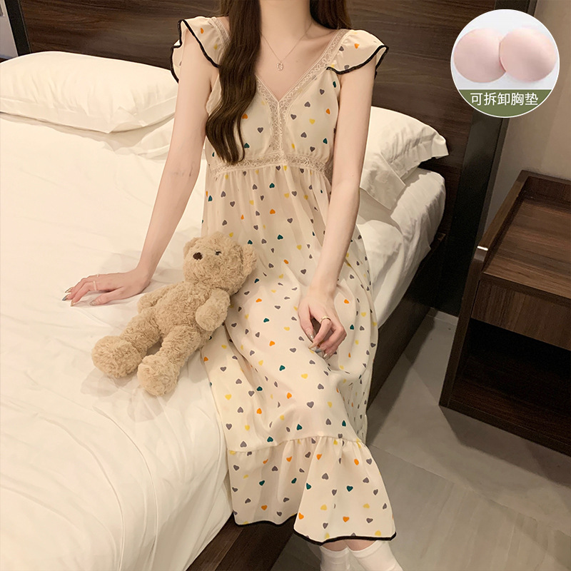 Pijama con cojín de pecho mujer de verano vestido de espuma delgada simple ocio pijama casero comercio exterior al por mayor